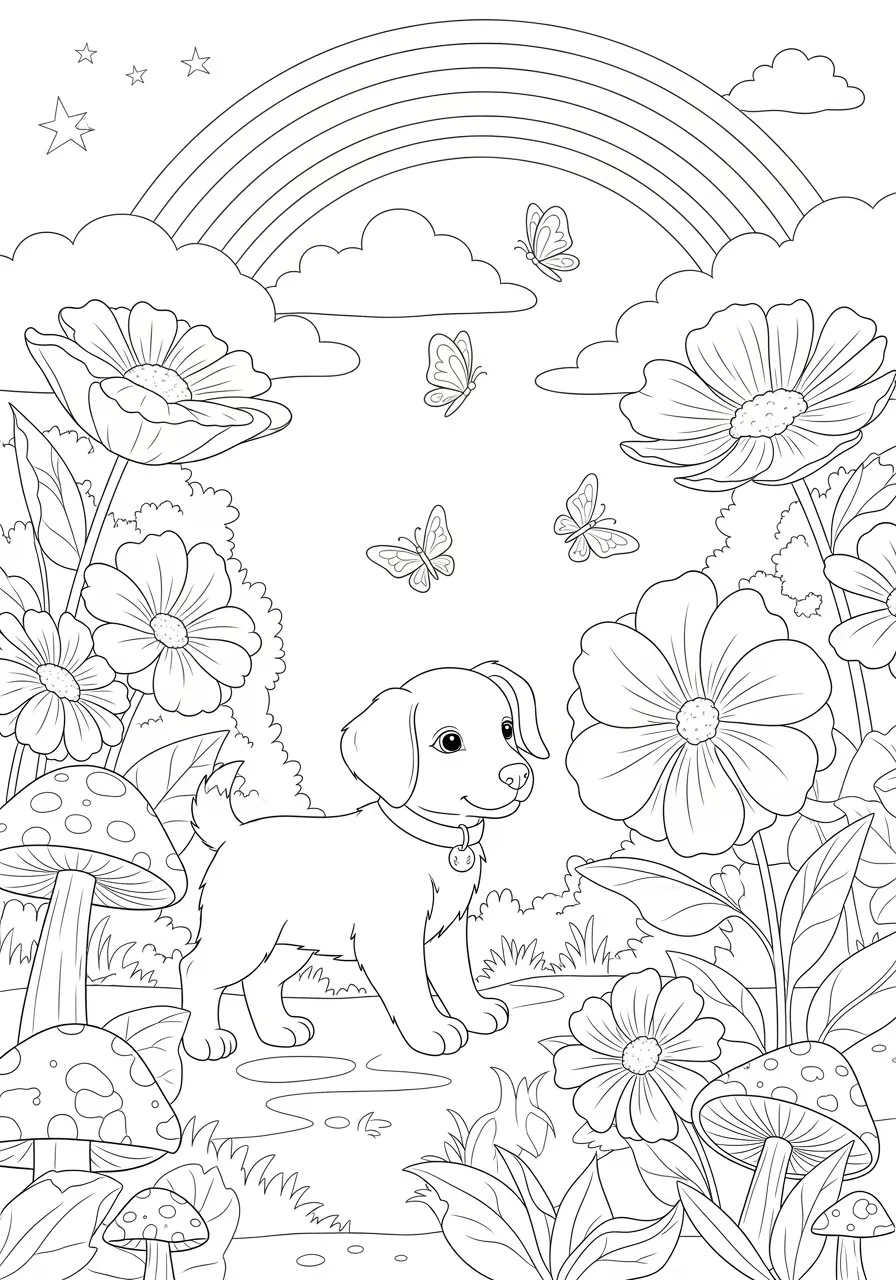 Adorable Dog Garden Coloring Page