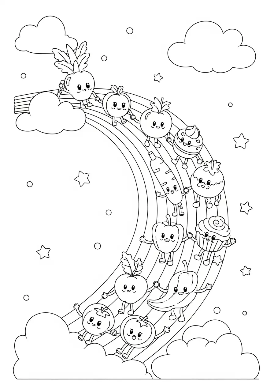 Adorable Food Friends Rainbow Coloring Page
