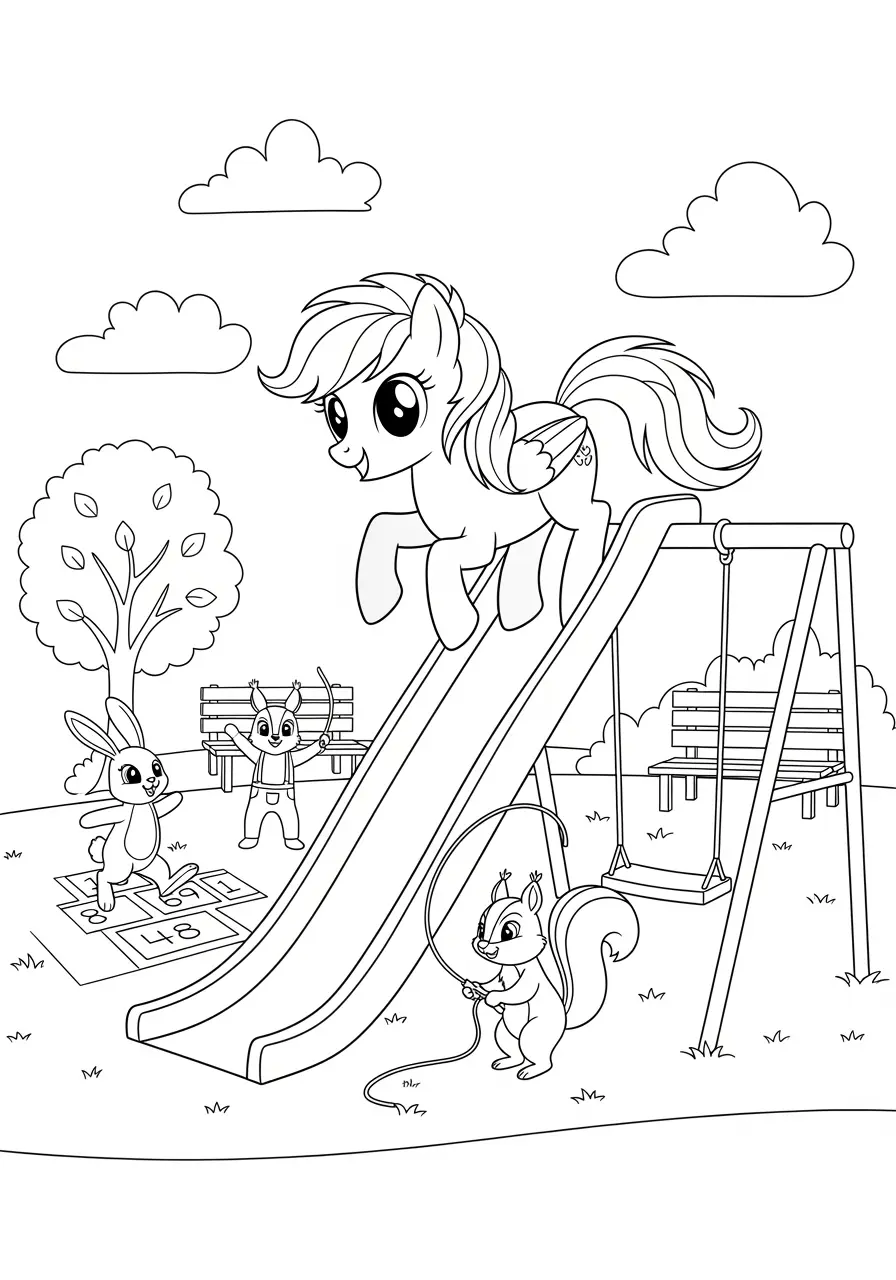Adorable Horse Playground Adventure Coloring Page