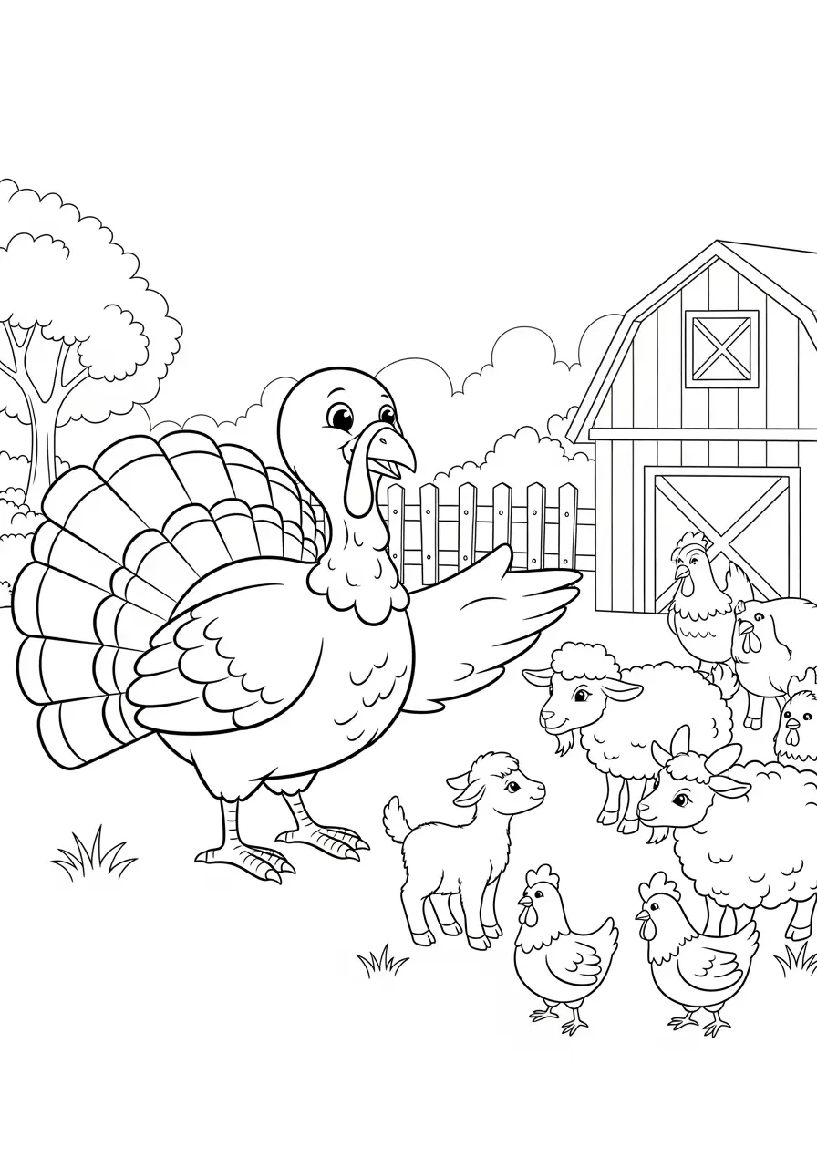 Adorable Turkey Farm Coloring Page