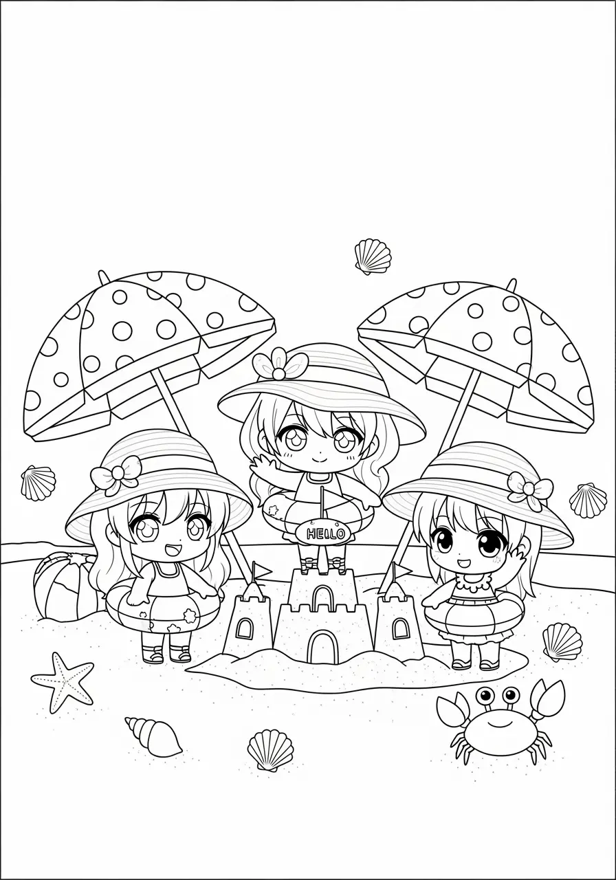 Anime Beach Day Coloring Page