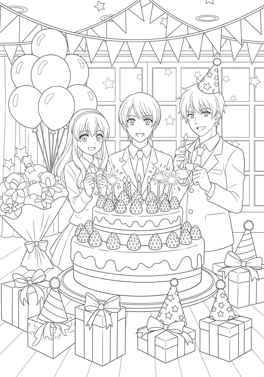 Anime Birthday Party Coloring Page
