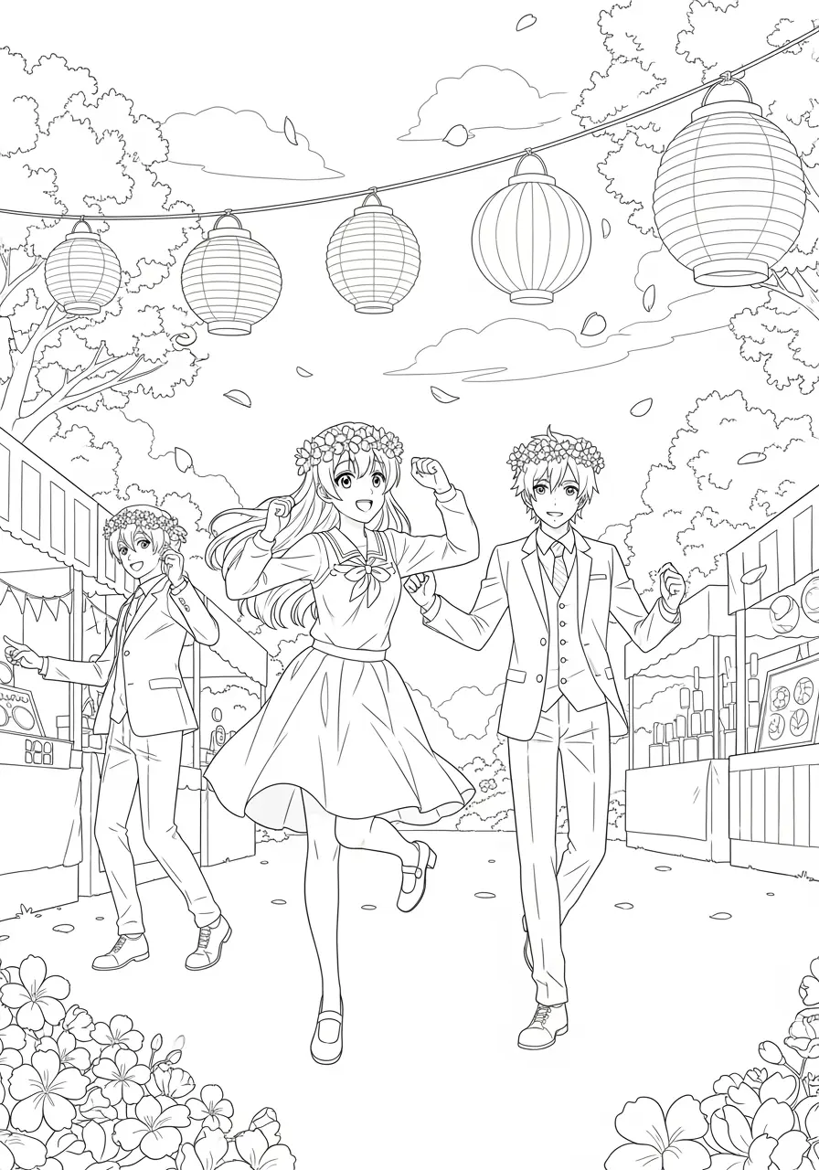Anime Flower Festival Coloring Page