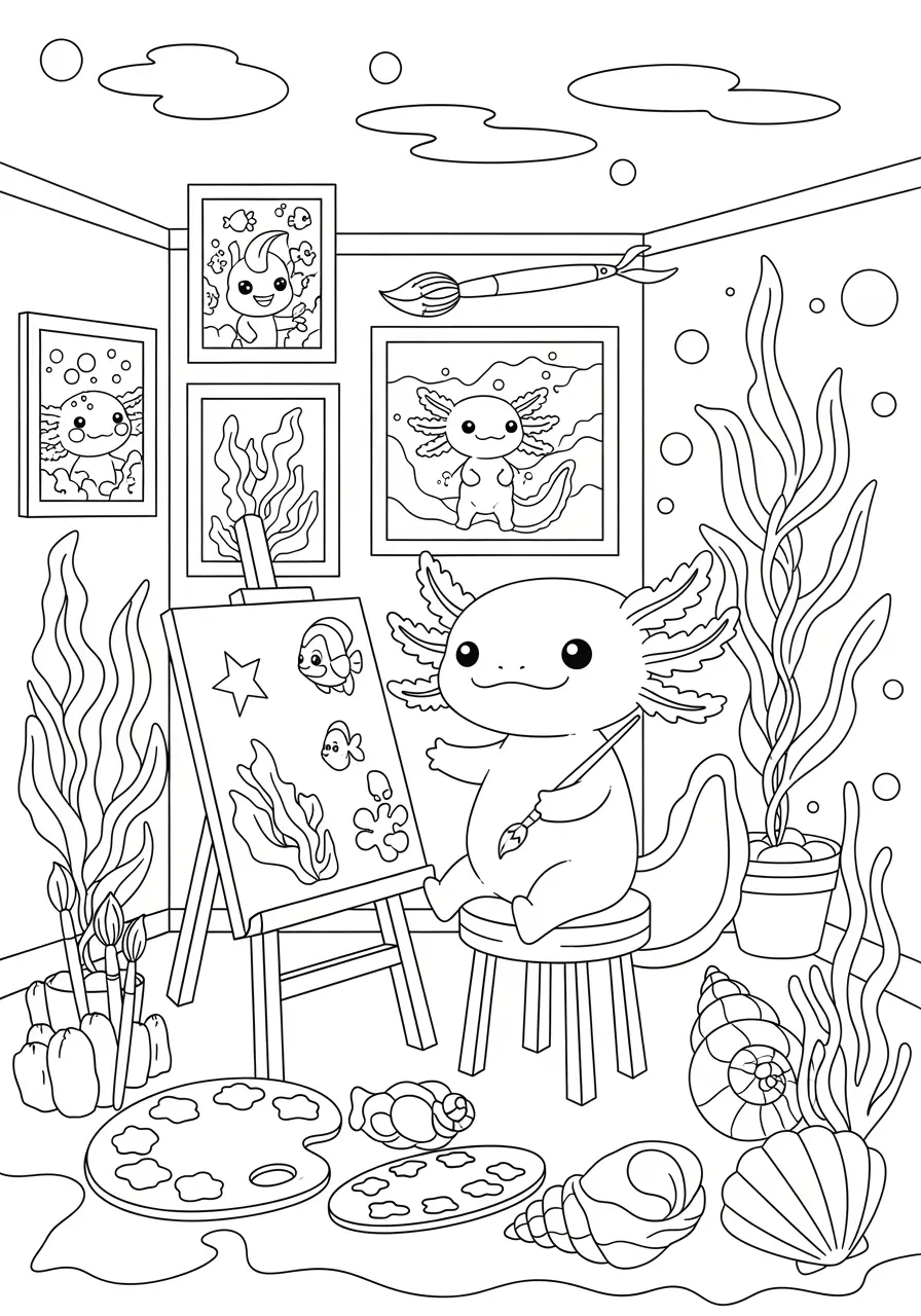 Axolotl Art Studio Coloring Page