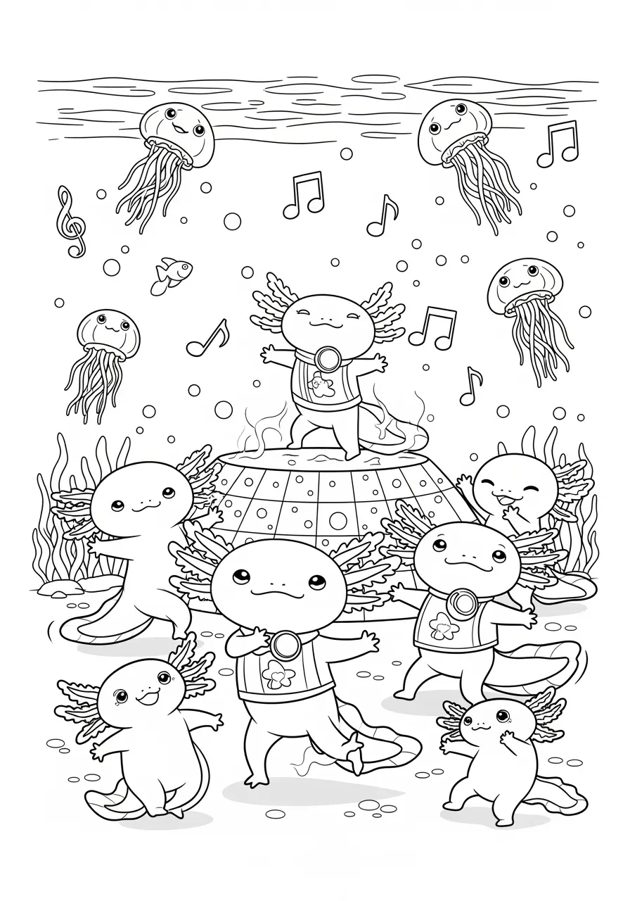 Axolotl Dance Party Coloring Page