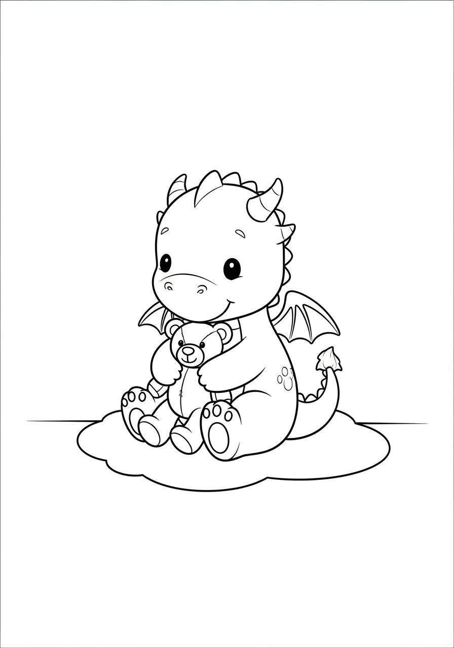 Baby Dragon Coloring Page with Teddy Bear