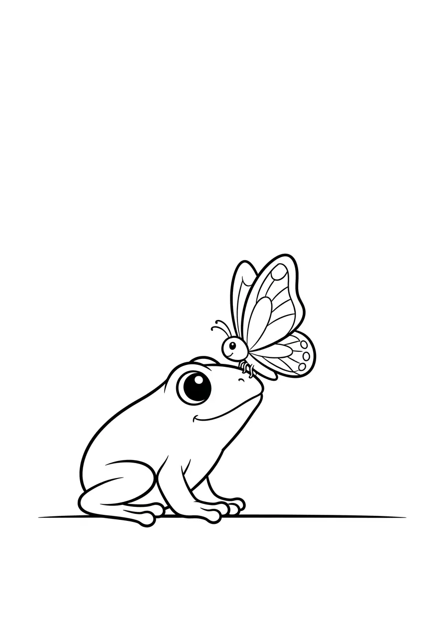 Baby Frog Coloring Page with Butterfly