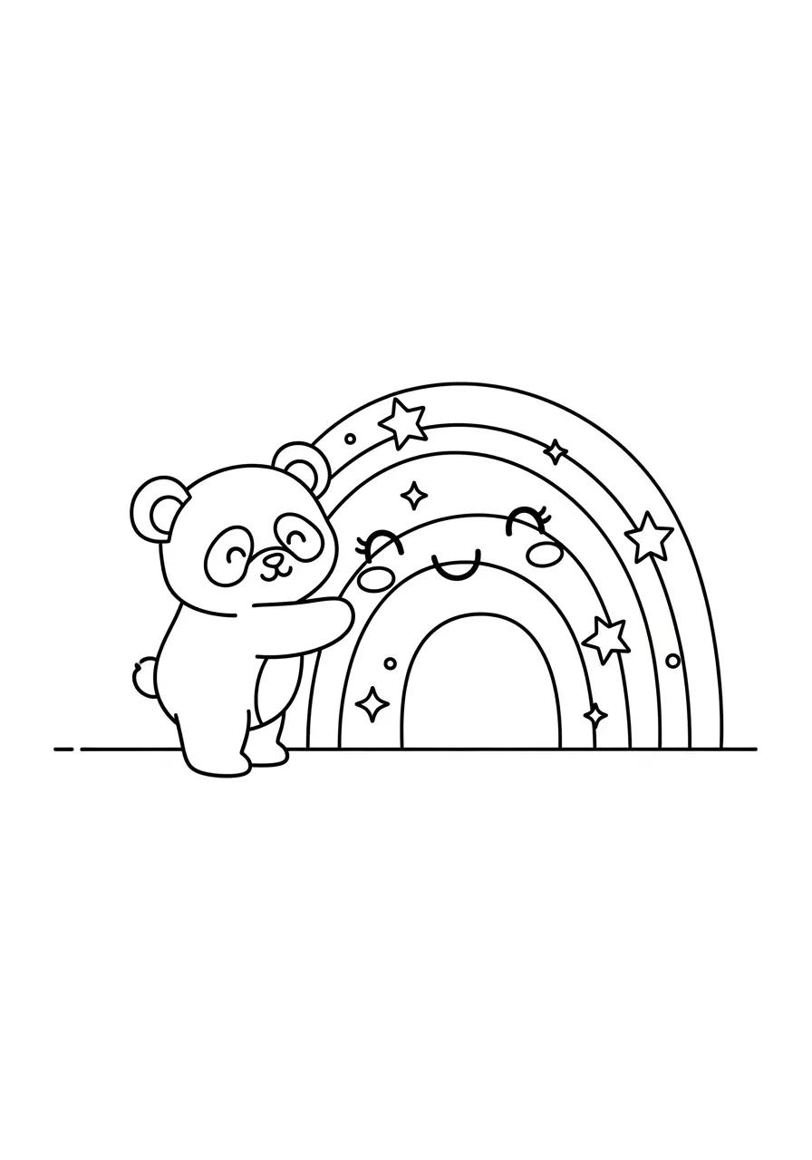 Baby Panda Coloring Page Hugging Rainbow
