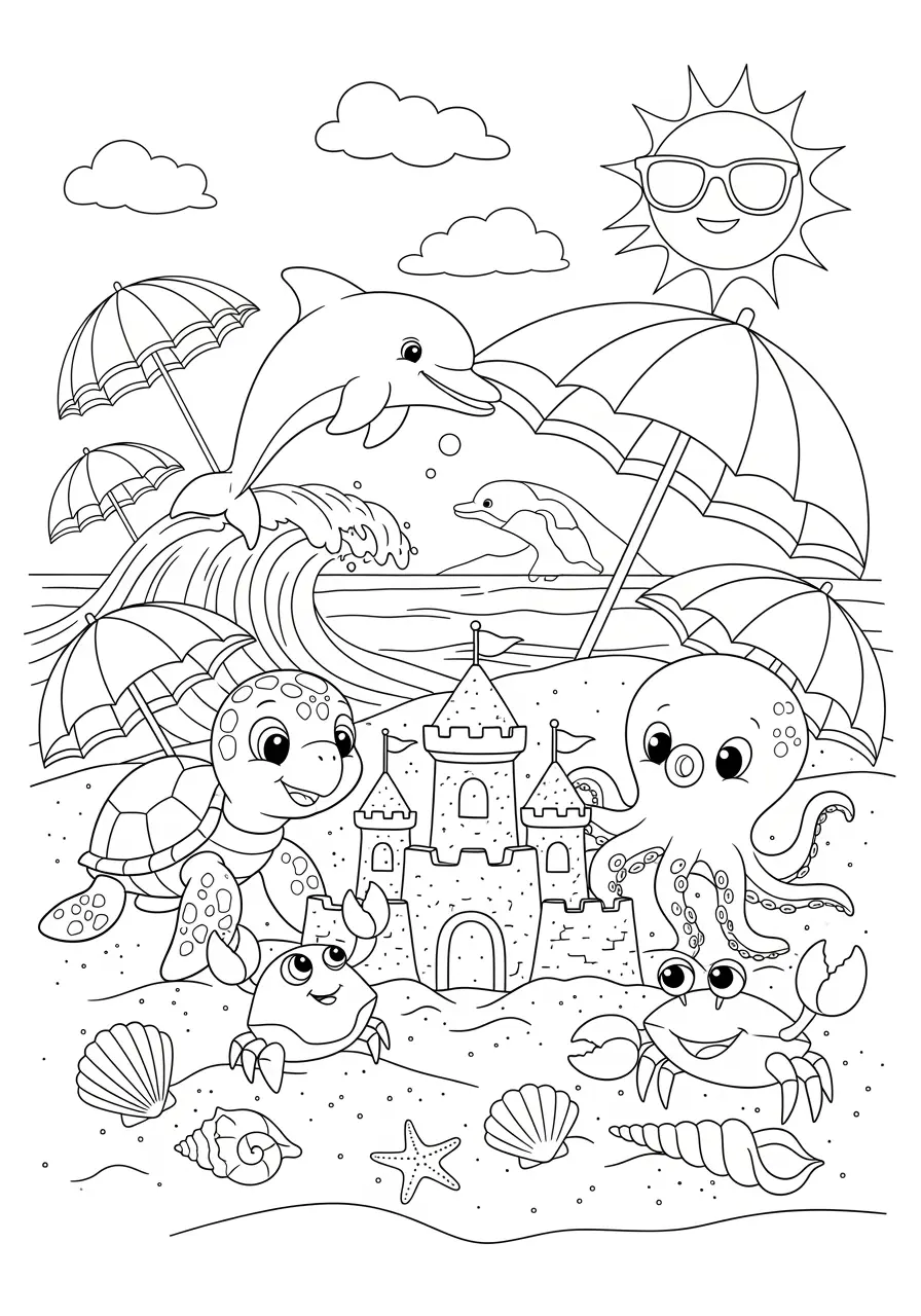 Beach Day Cute Animal Coloring Page