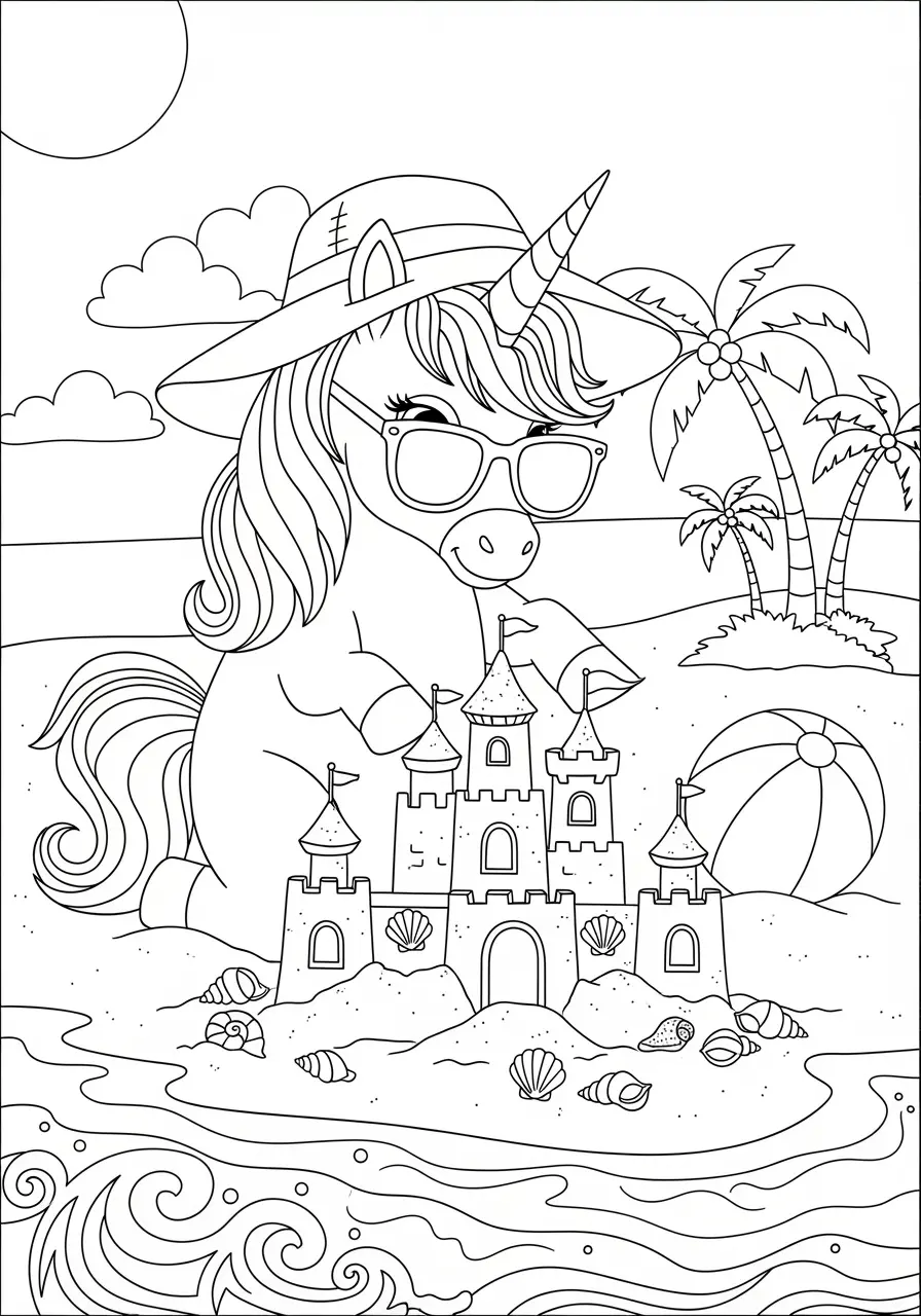 Beach Day Cute Unicorn Coloring Page