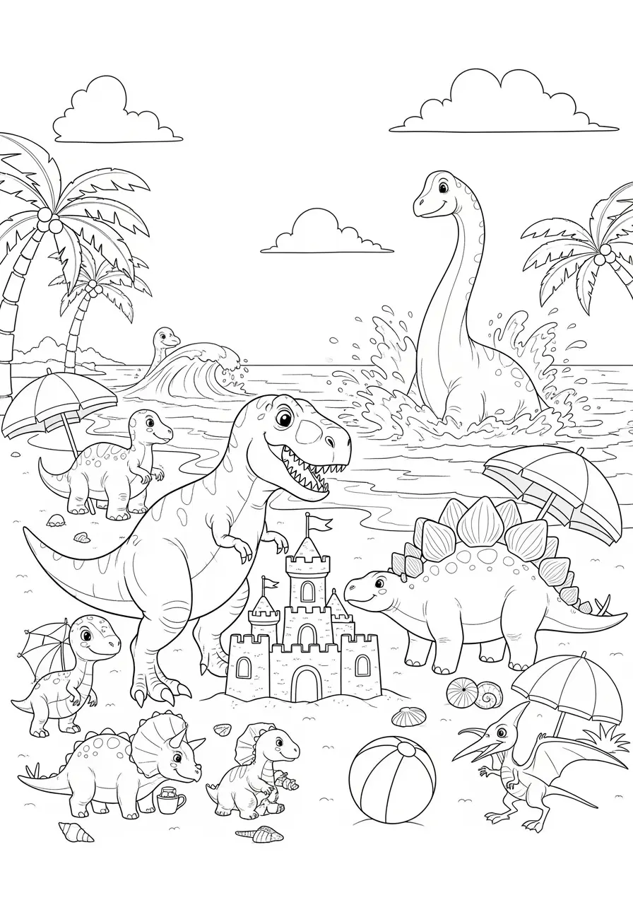 Beach Day Dinosaur Coloring Page