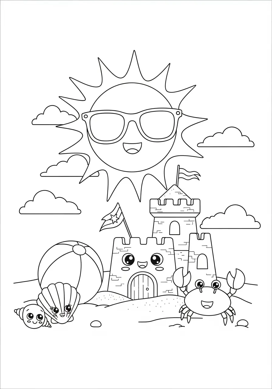 Beach Day Kawaii Coloring Page