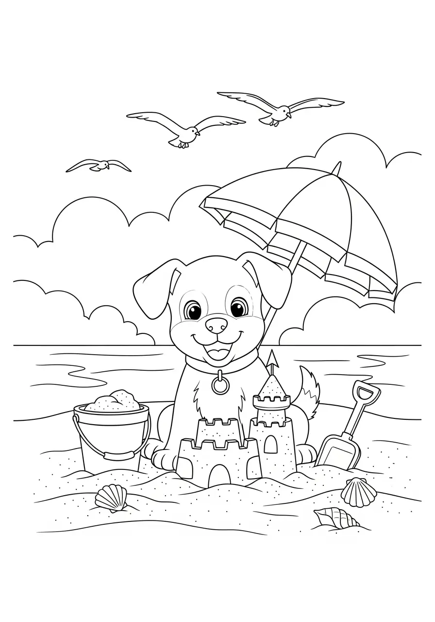 Beach Day Puppy Coloring Page