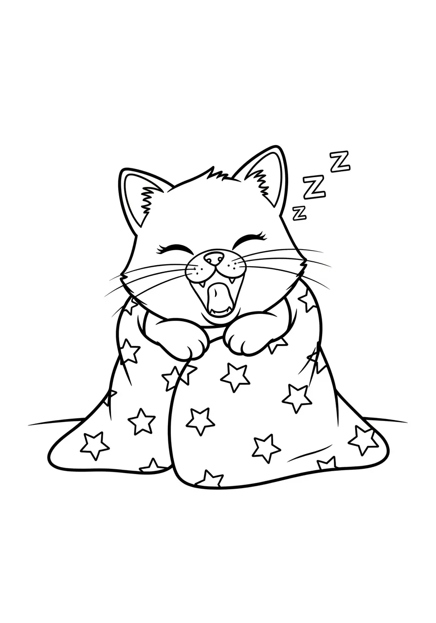 Bedtime Cute Cat Coloring Page