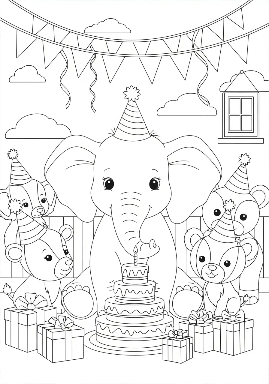Birthday Celebration Cute Animal Coloring Page