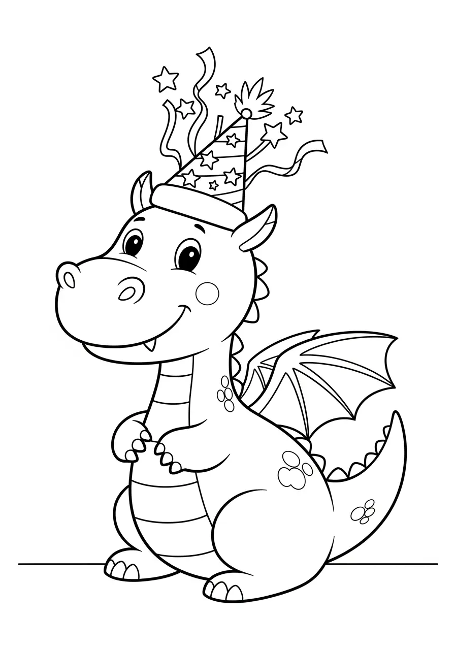 Birthday Dragon Coloring Page with Hat
