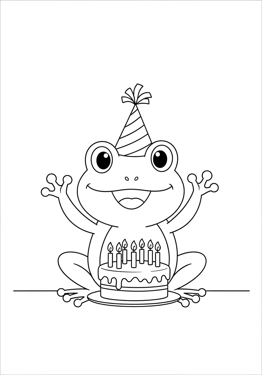 Birthday Frog Coloring Page with Cake