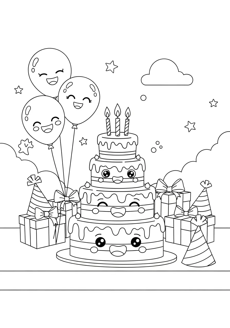 Birthday Party Cute Kawaii Coloring Page