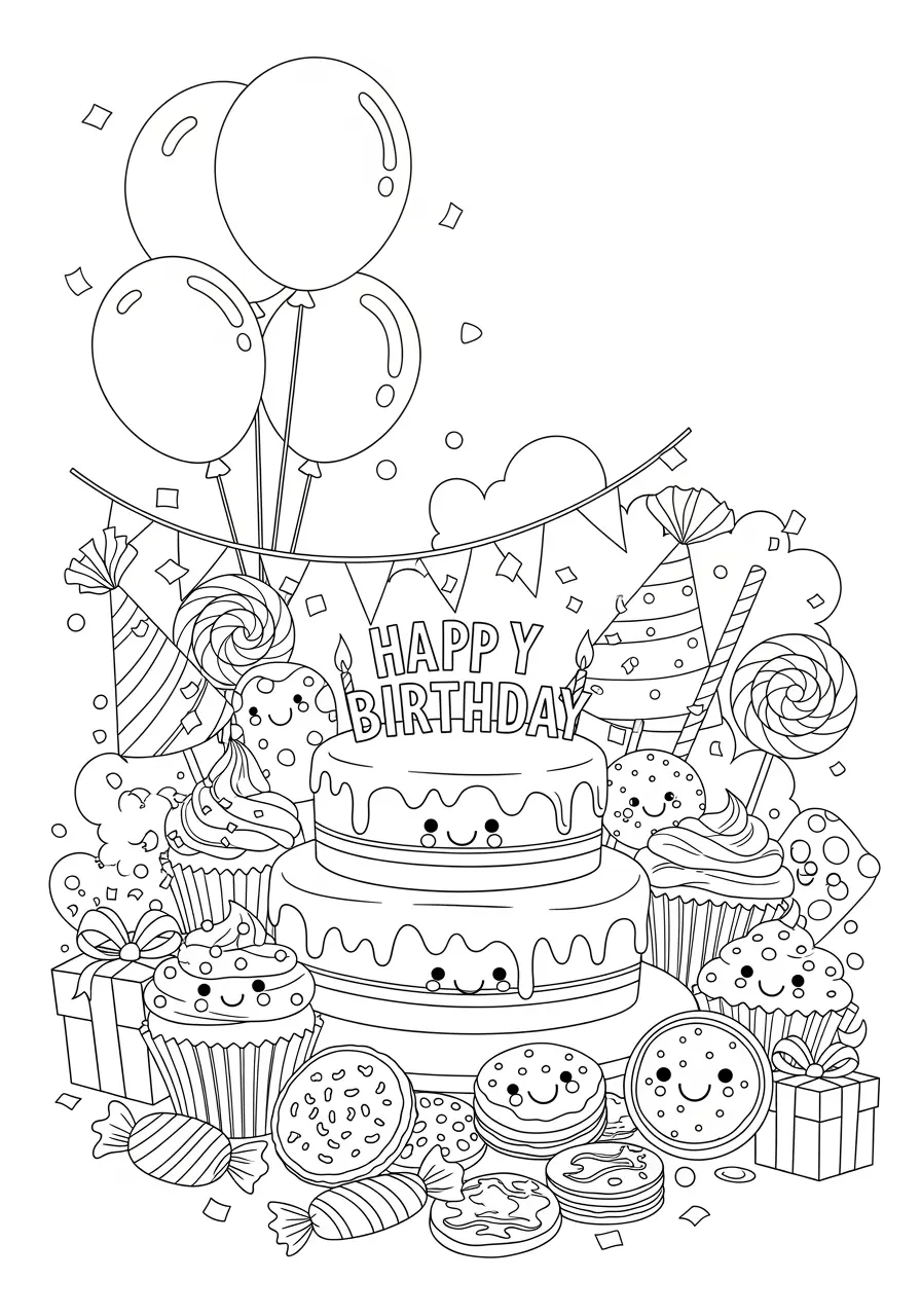 Birthday Party Desserts Coloring Page