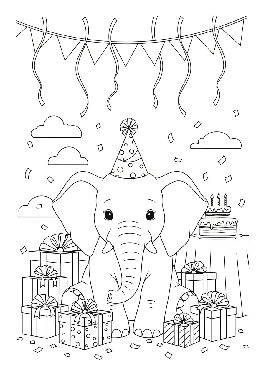 Birthday Party Elephant Coloring Page