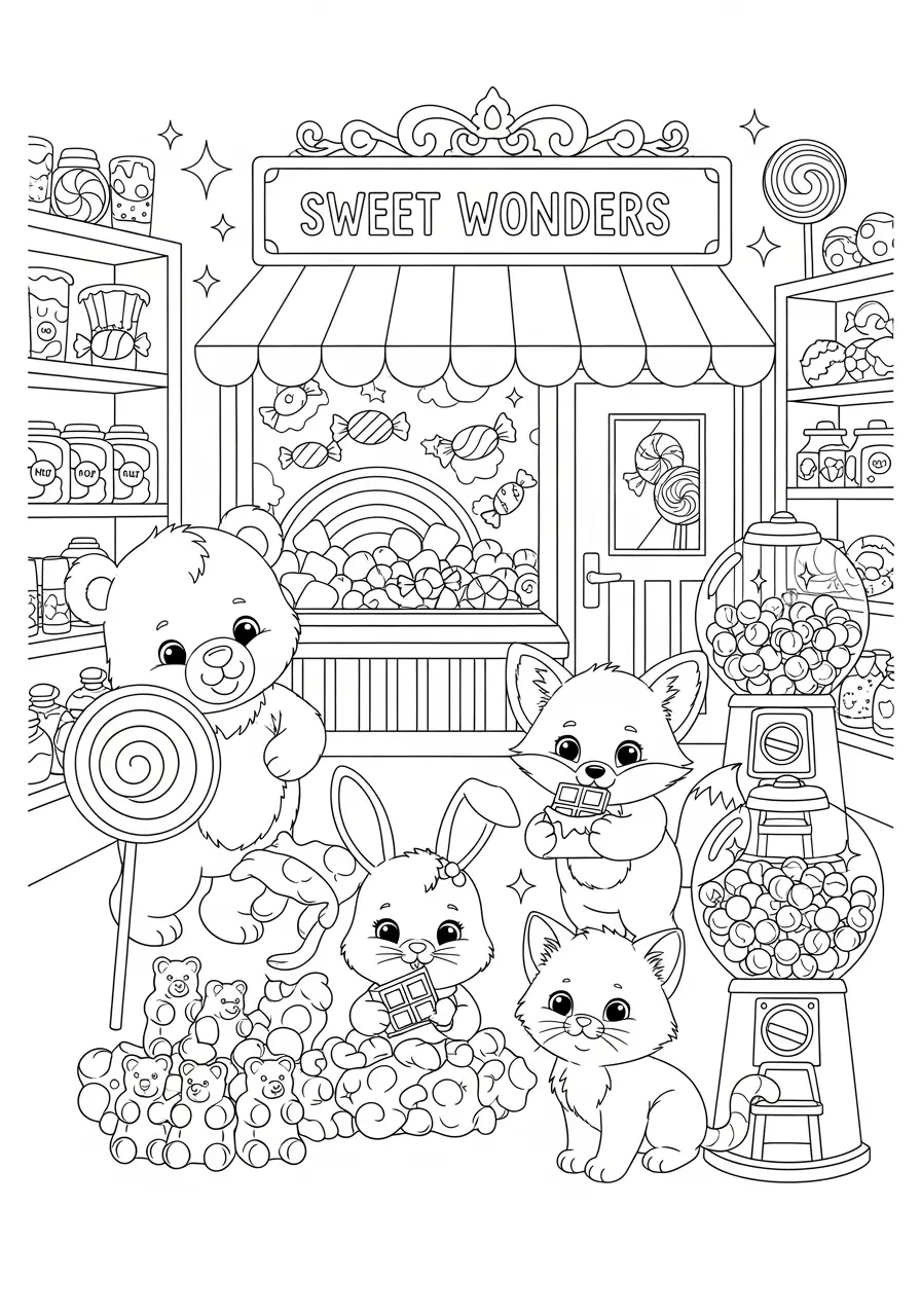 Candy Shop Cute Animal Coloring Page