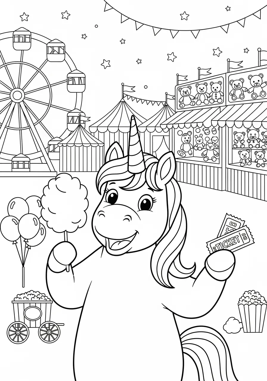 Carnival Cute Unicorn Coloring Page