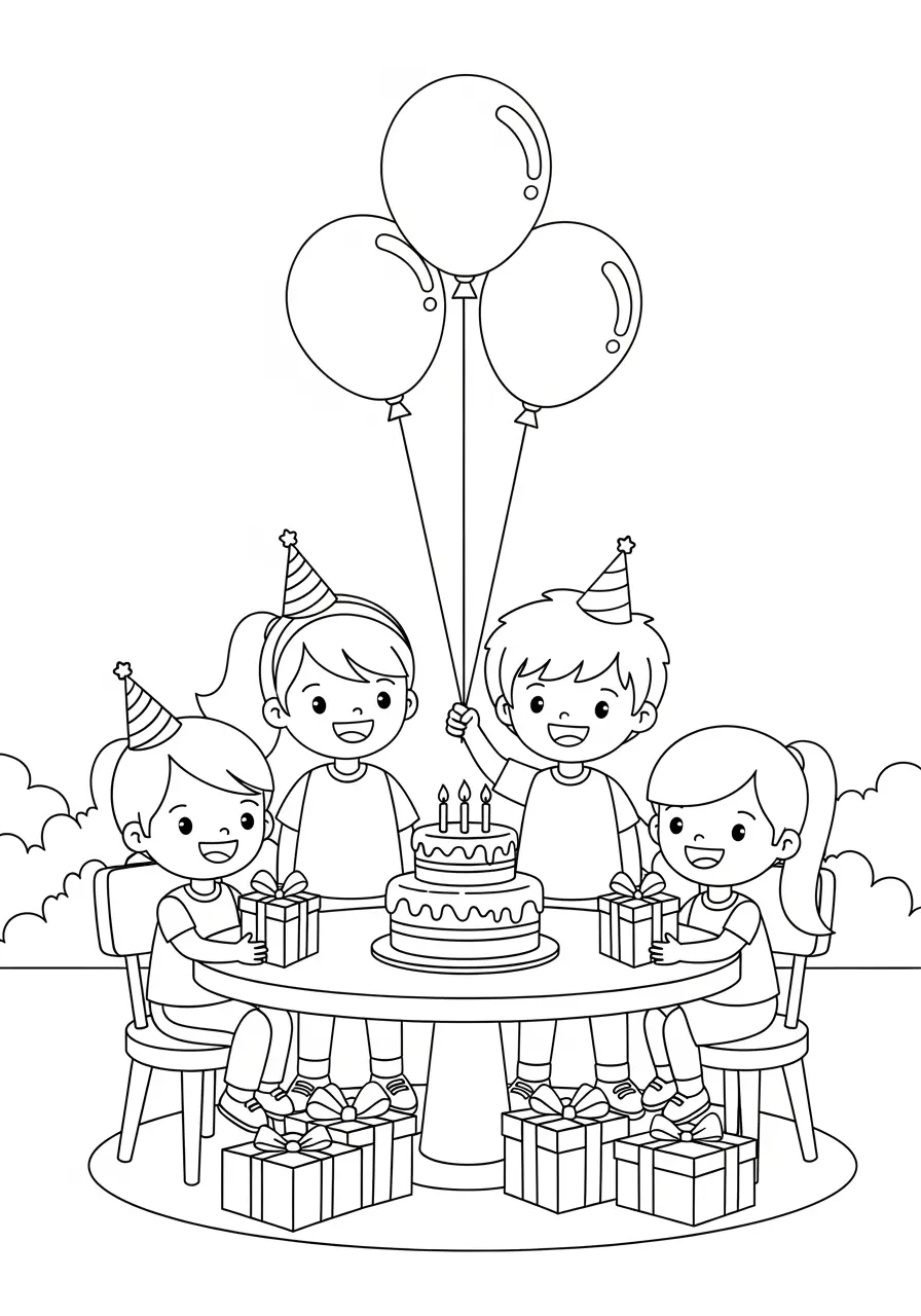 Children's Birthday Party Cute Realistic Coloring Page
