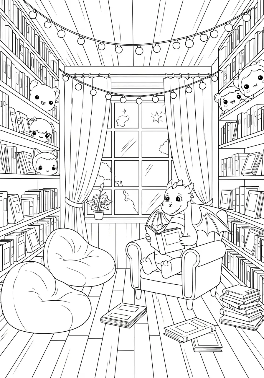 Cozy Bookstore Cute Coloring Page