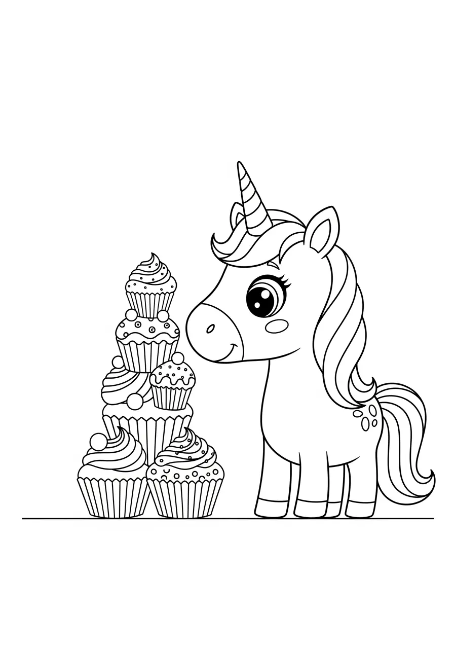 Cupcake Cute Unicorn Coloring Page