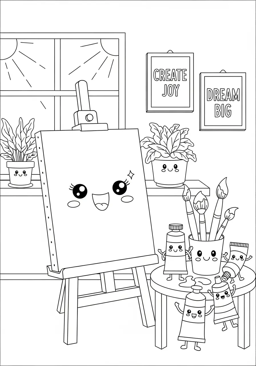 Cute Aesthetic Art Studio Coloring Page