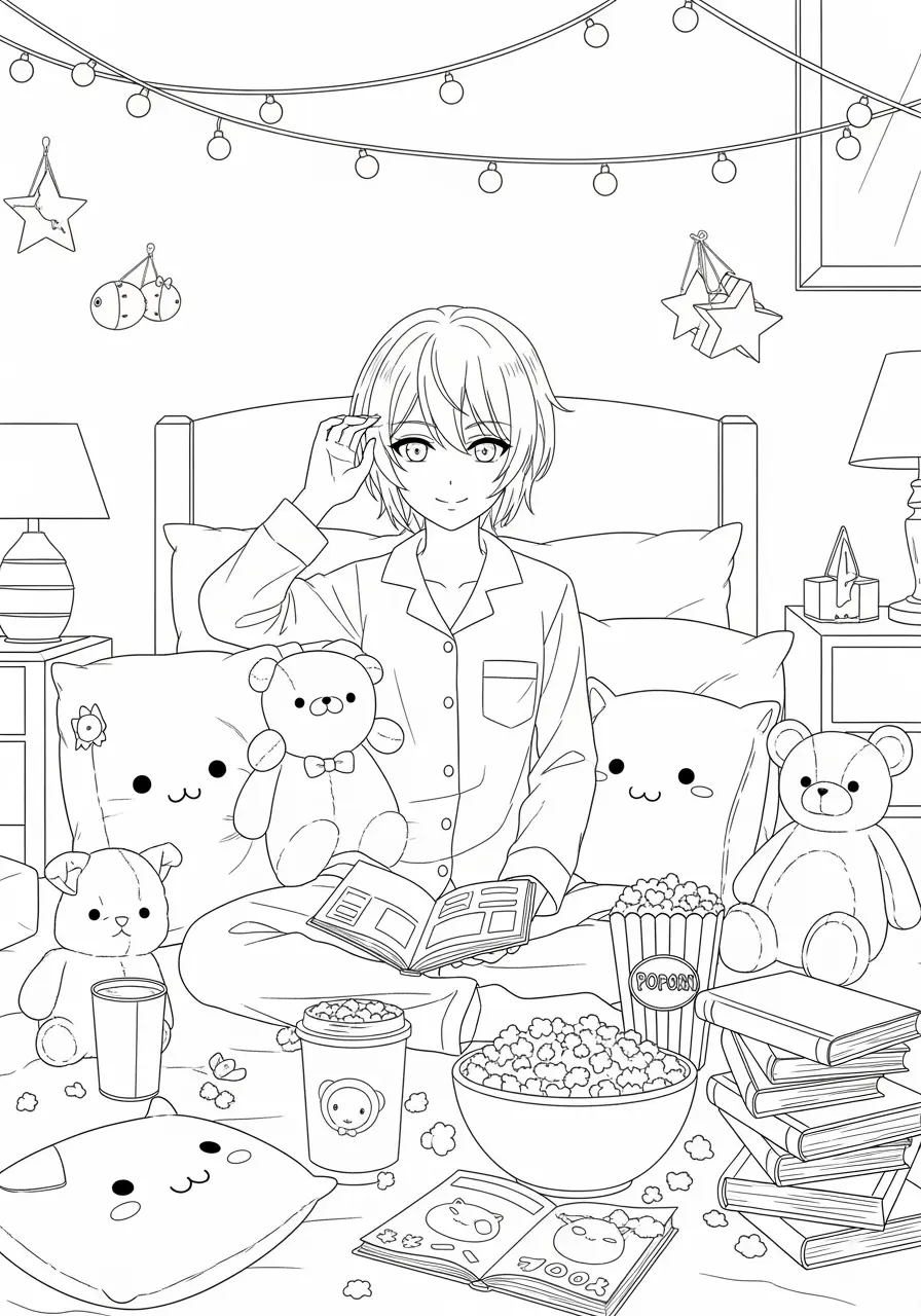 Cute Anime Sleepover Coloring Page