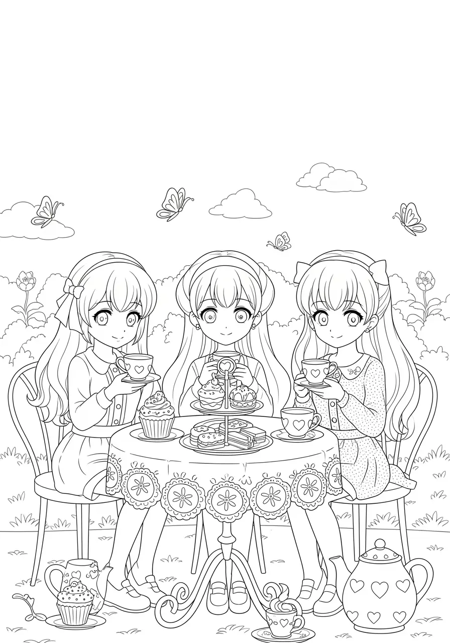 Cute Anime Tea Party Coloring Page