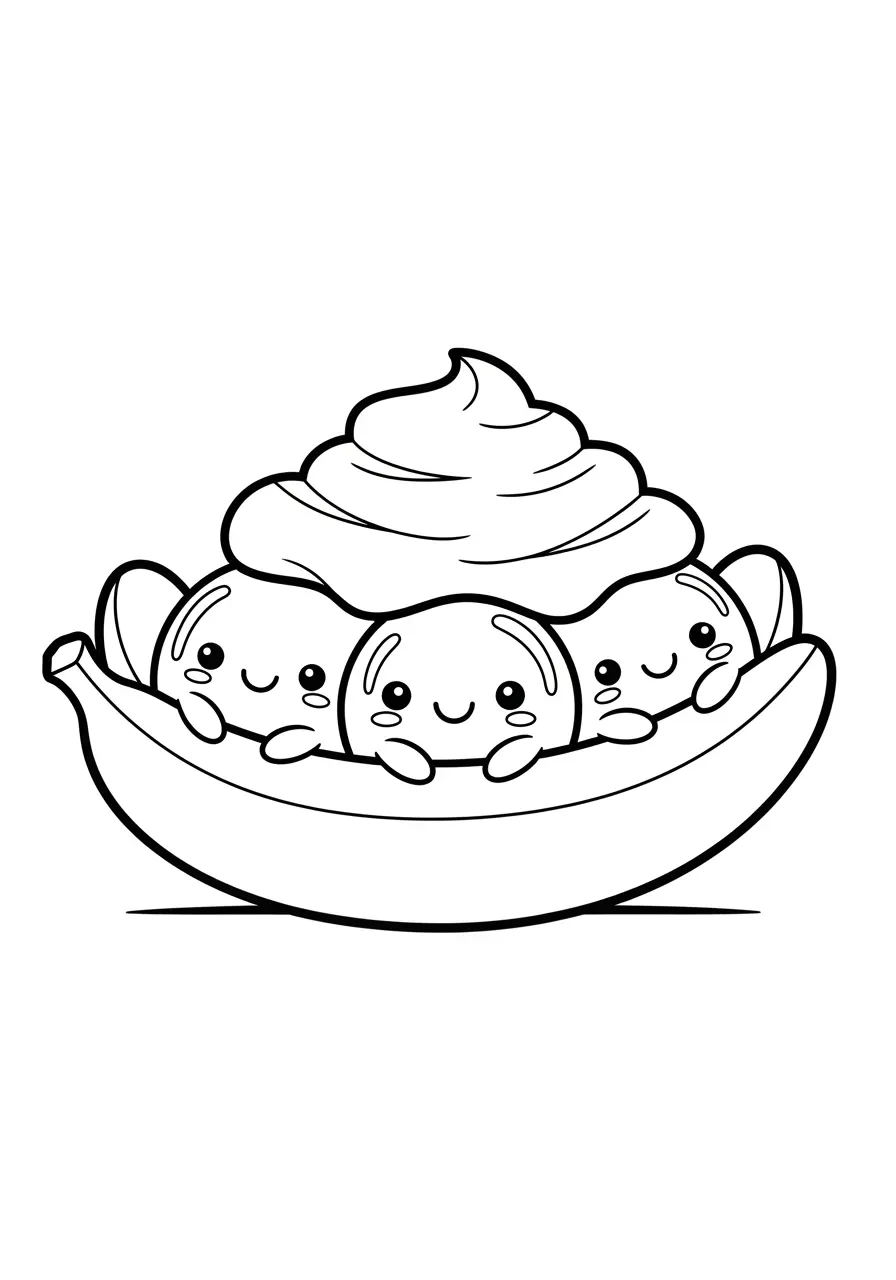 Cute Banana Split Ice Cream Coloring Page