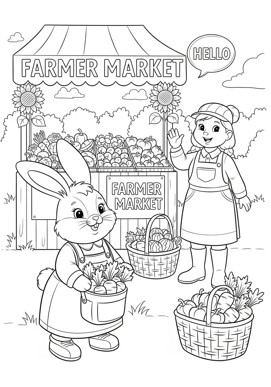 Cute Bunny Farmer's Market Coloring Page