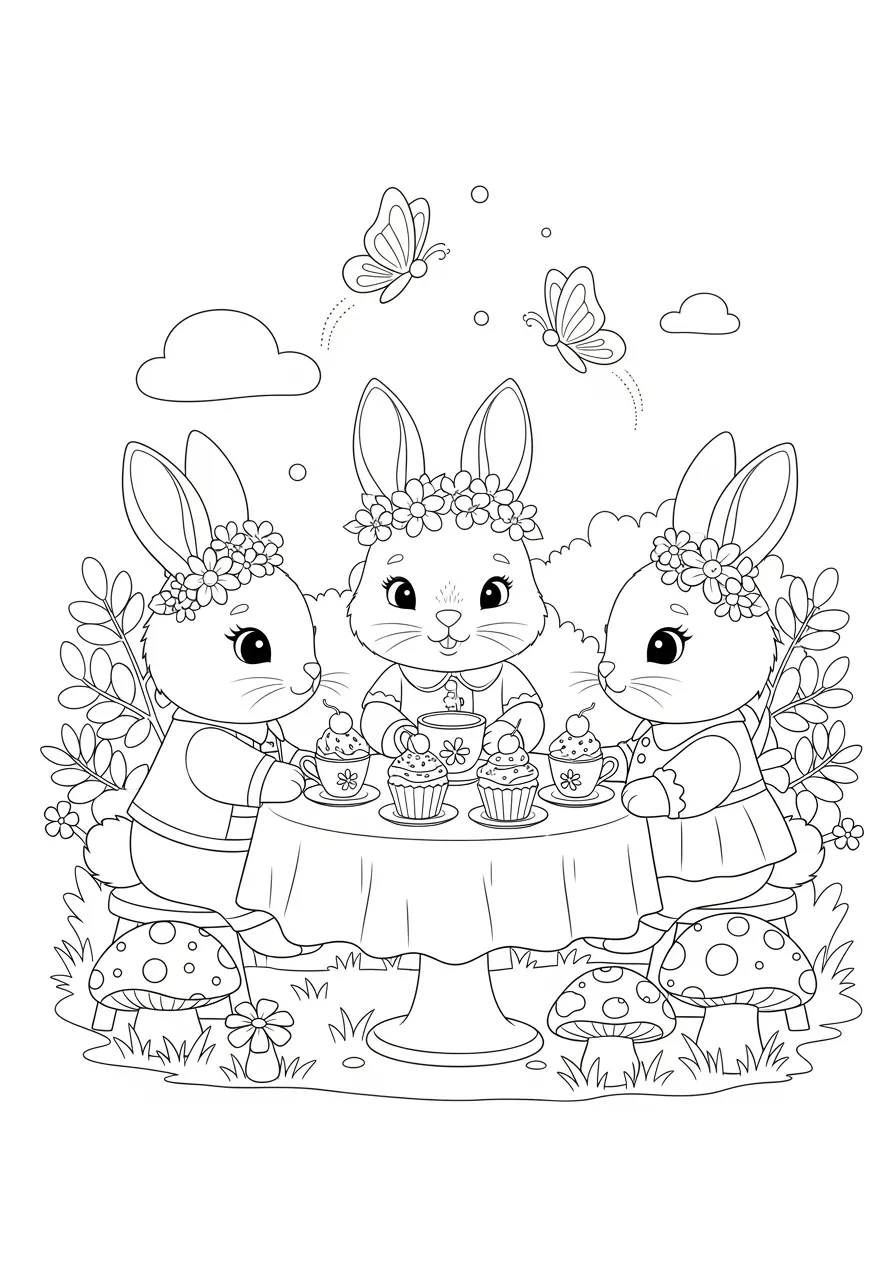 Cute Bunny Tea Party Coloring Page