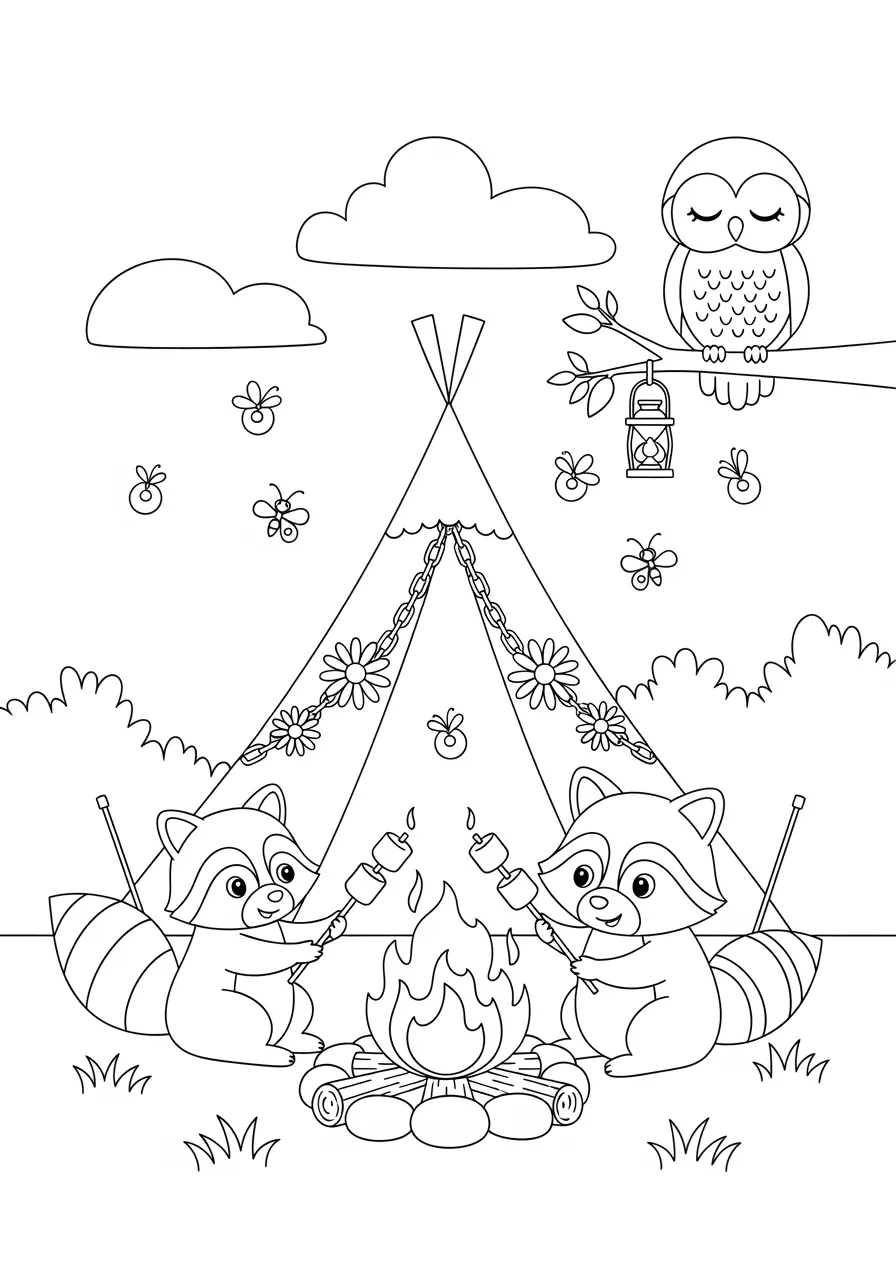 Cute Camping Nature Coloring Page