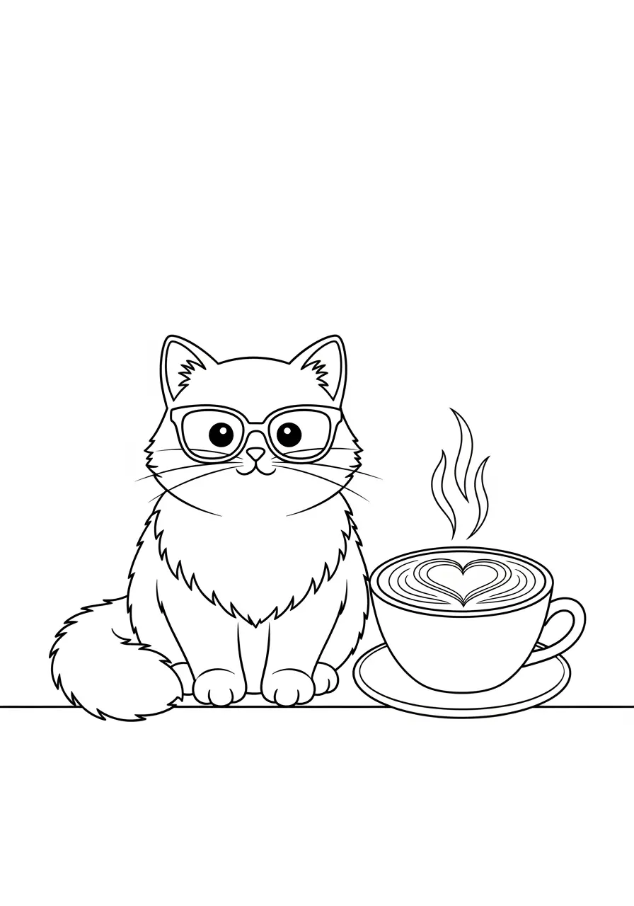 Cute Coffee Shop Cat Coloring Page