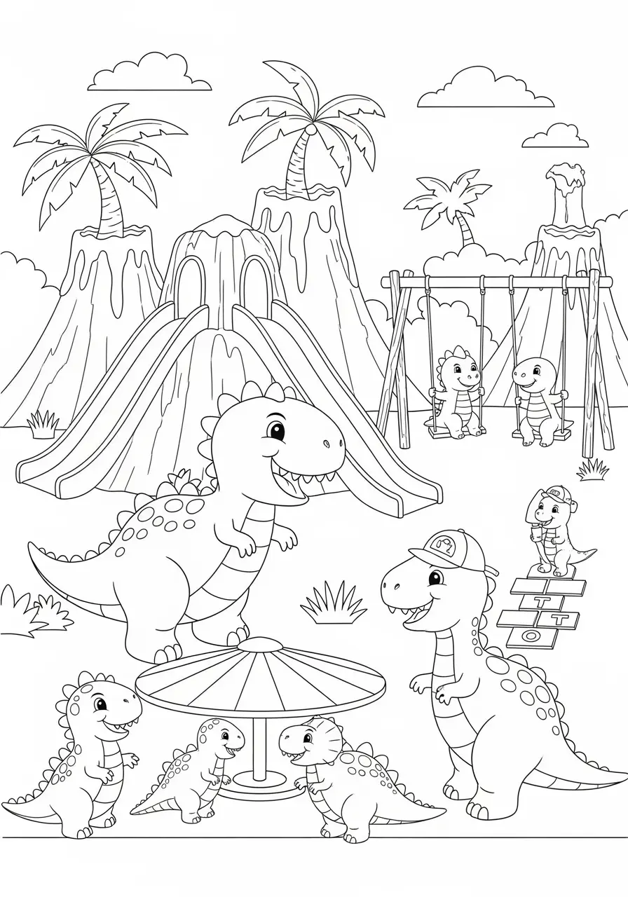 Cute Dinosaur Playground Coloring Page