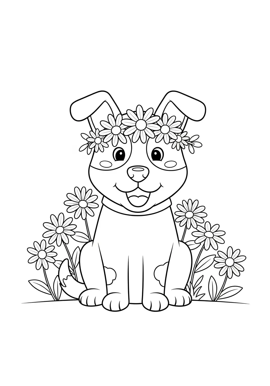 Cute Dog With Flowers Coloring Page