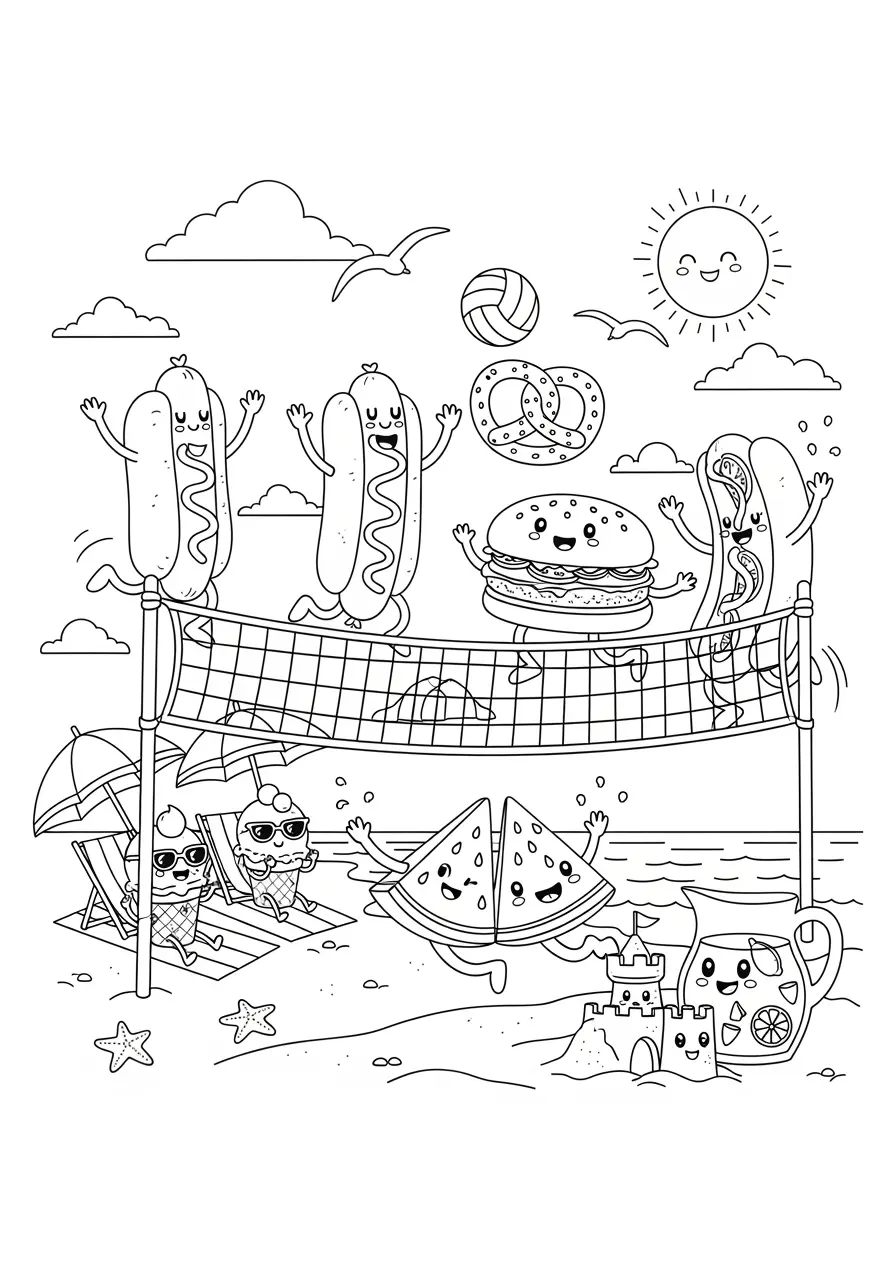 Cute Food Beach Party Coloring Page