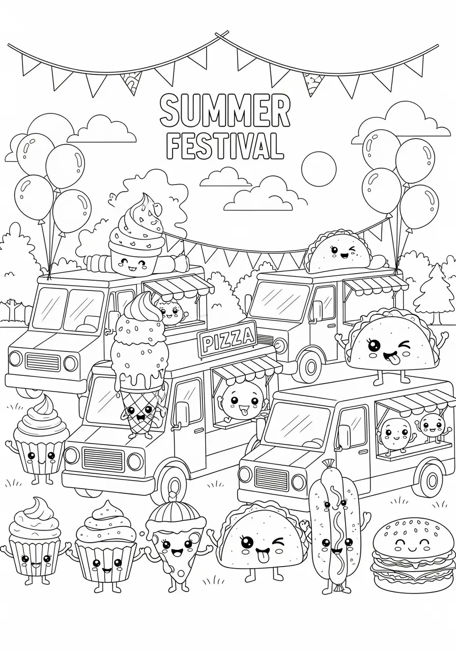 Cute Food Truck Festival Coloring Page