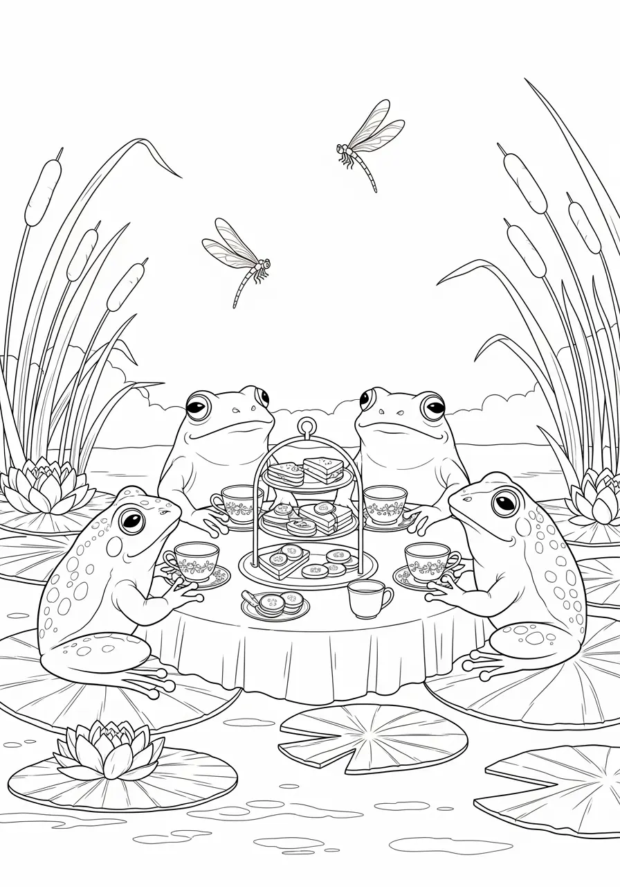 Cute Frog Tea Party Coloring Page