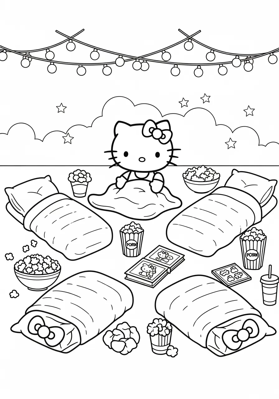 Cute Hello Kitty Sleepover Coloring Page