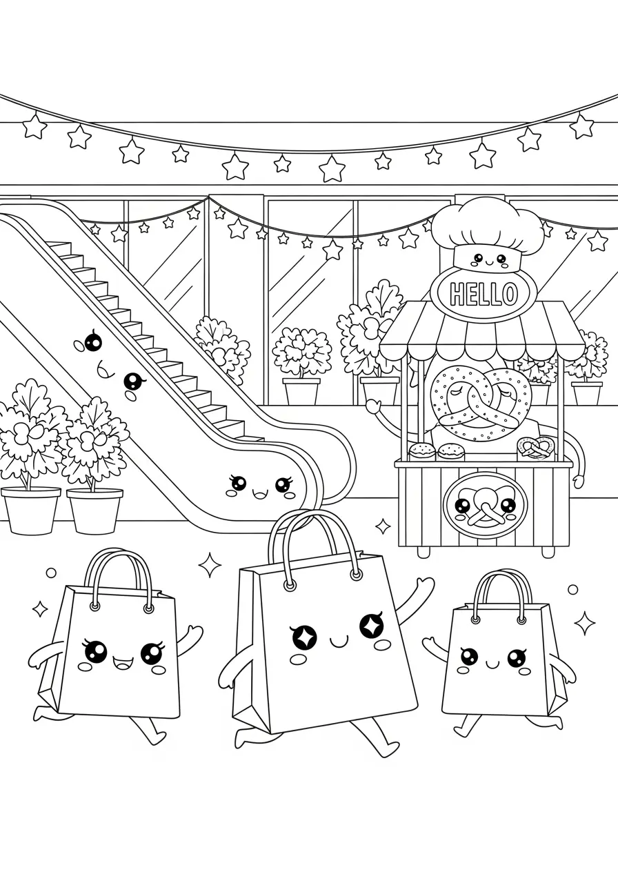 Cute Mall Shopping Coloring Page For Teens