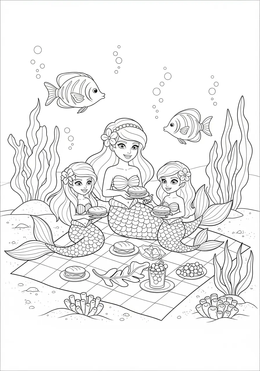 Cute Mermaid Picnic Coloring Page