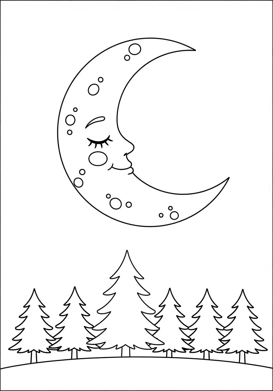 Cute Moon Nature Night Coloring Page