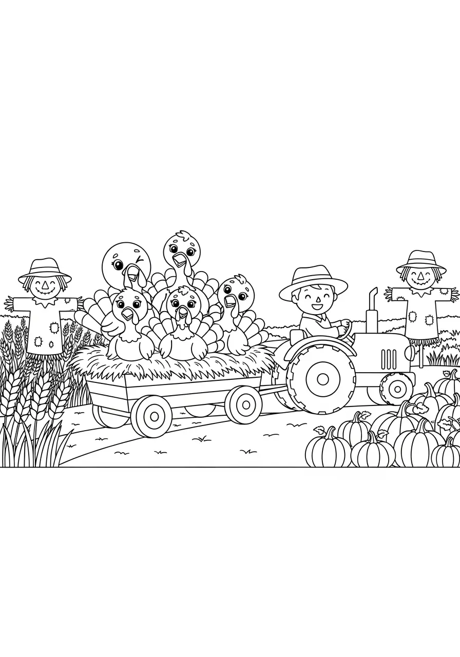 Cute Turkey Hayride Coloring Page
