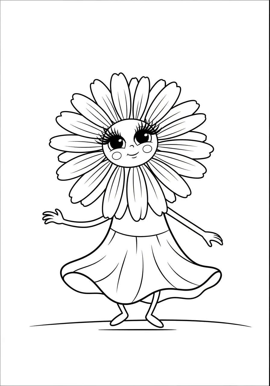 Dancing Daisy Cute Flower Coloring Page