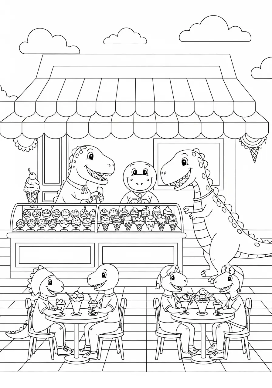 Dinosaur Ice Cream Shop Coloring Page