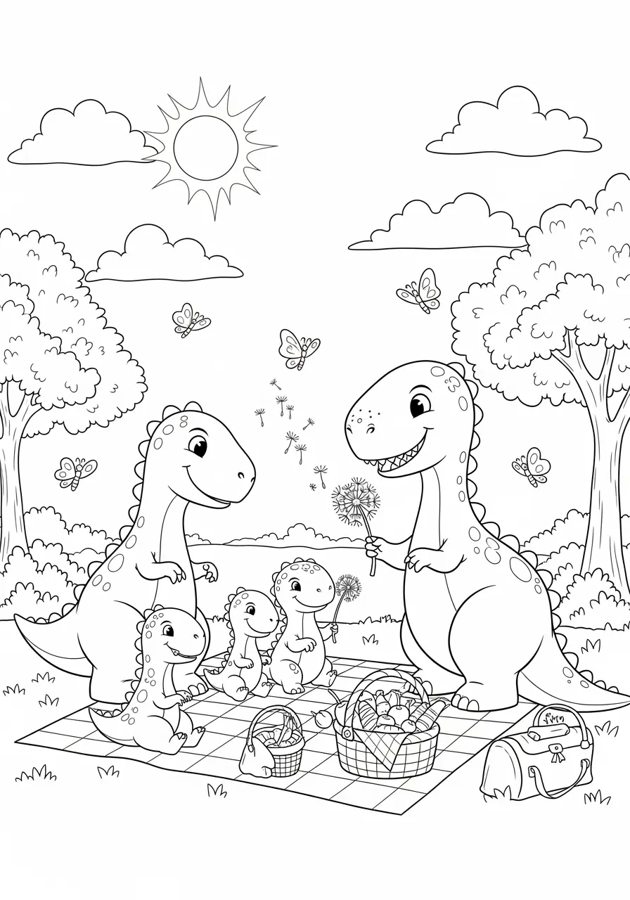 Dinosaur Picnic Coloring Page Adventure